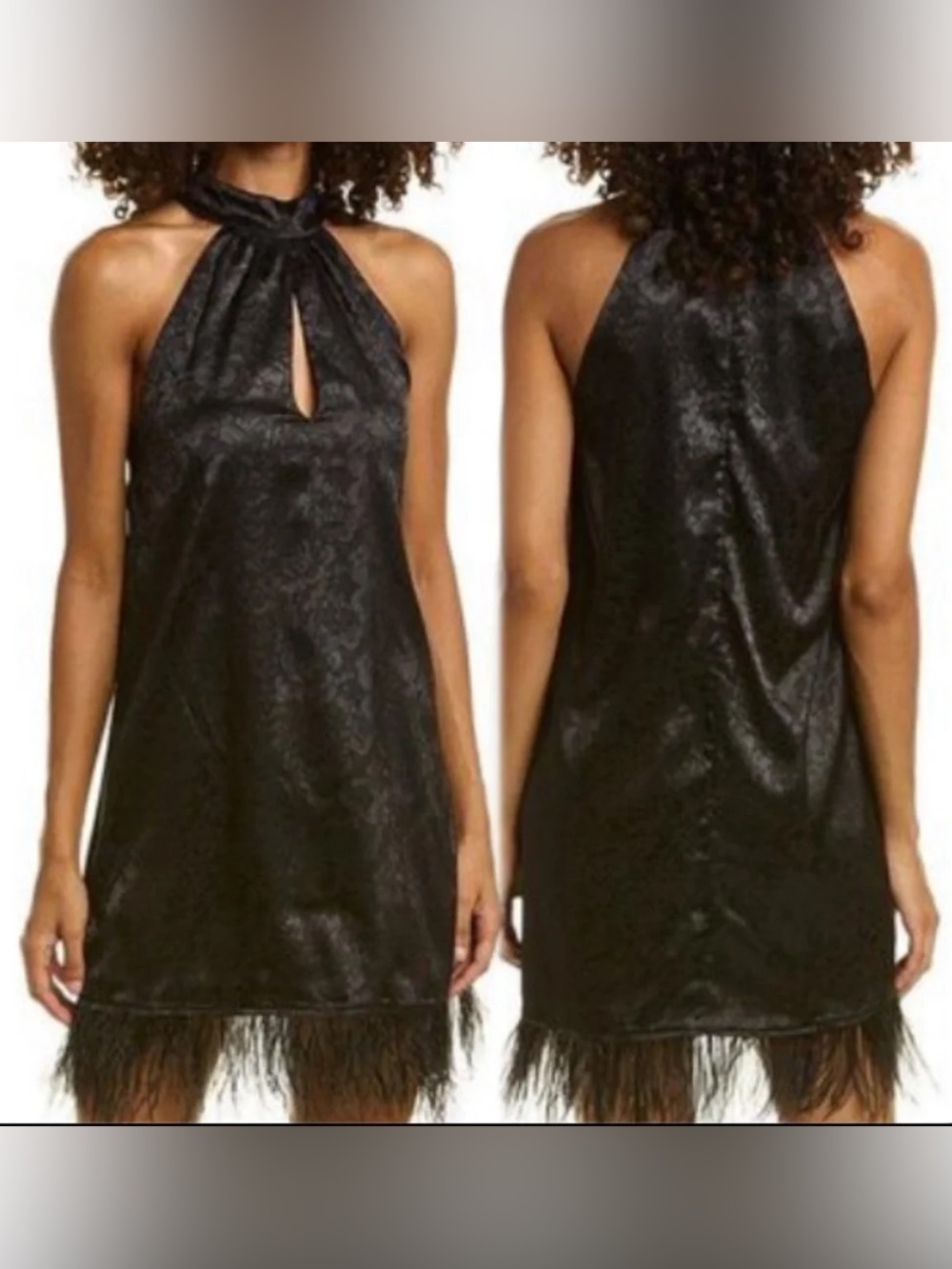Wayf Black Satin Halter Mini Dress with Feather Trim